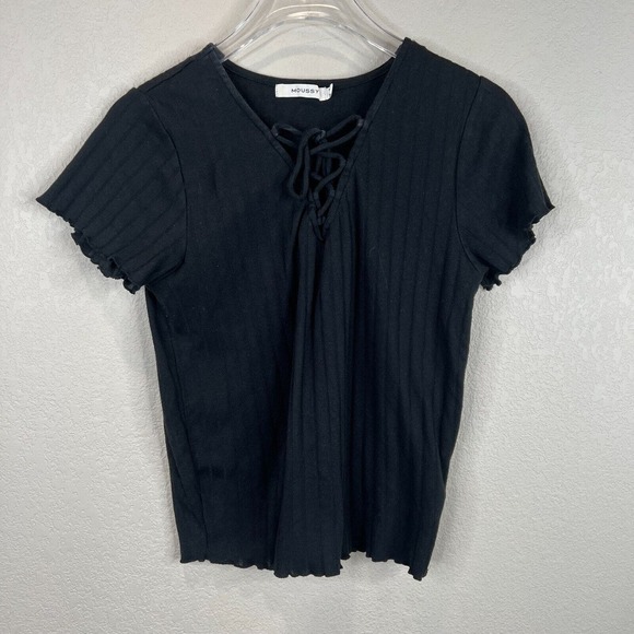 Moussy Womens‎ Tee Top Free Size Black Lace Up Short Sleeve Ribbed Lettuce Edge - Picture 1 of 13
